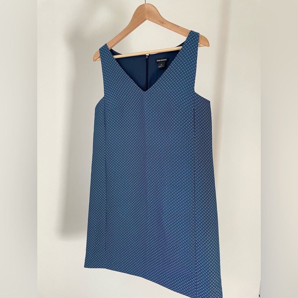 Club Monaco Jacquard Diamond Pattern V-Neck shift Dress Size 10 Blue 6403